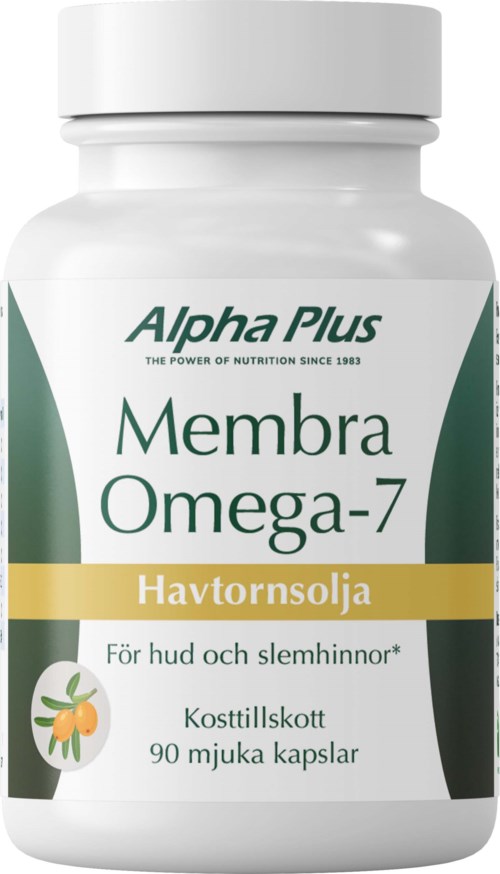 En vit burk med Membra Omega-7 kapslar med gröna och gula etiketter, innehåller 90 mjuka kapslar för hud och ärrläkning.