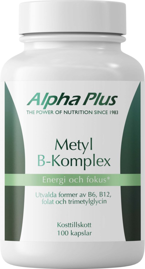 Flaske merket 'Alpha Plus Metyl B-Kompleks', med grønt og hvitt design, inneholder 100 kapsler for helsehjelp.