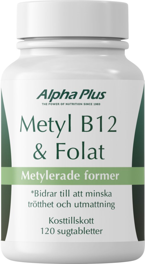 En vit flaska med gröna och svarta texter som marknadsför ett kosttillskott som heter Alpha Plus Metylerade.