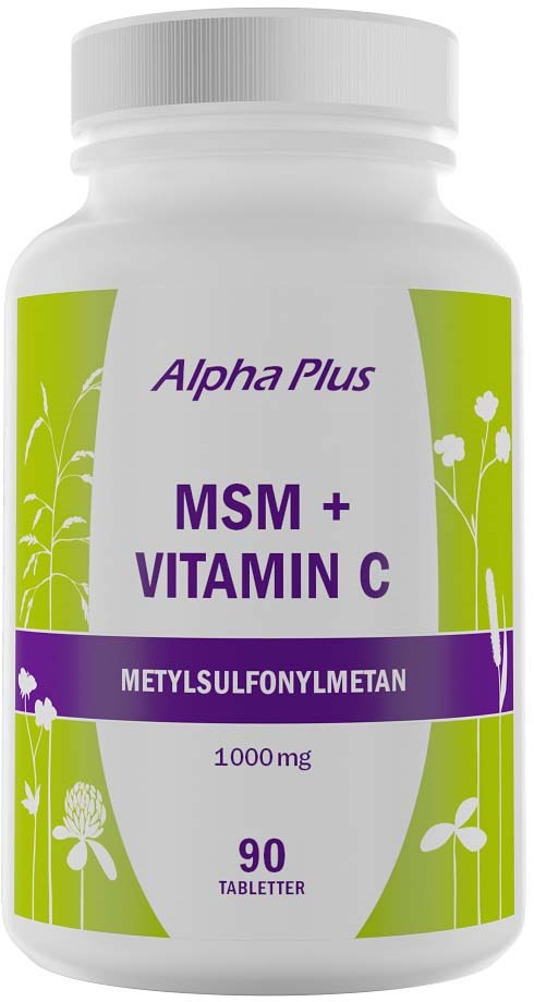En vit kosttillskottflaska med lila och grön etikett som visar att den innehåller MSM och C-vitamin, med 90 tabletter.
