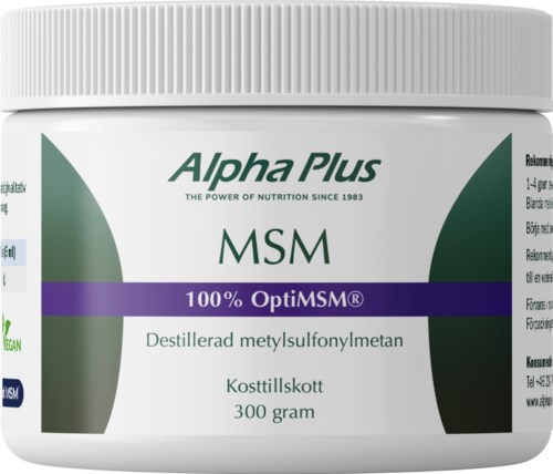 En kosttillskottsbehållare märkt Alpha Plus MSM, anger 300 gram av pulveriserad metylsulfonylmetan.