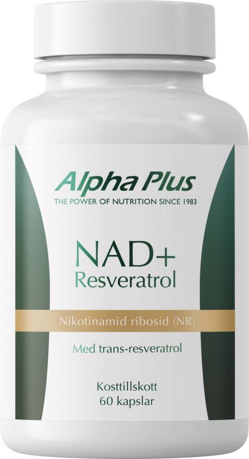En vit flaska märkt "Alpha Plus NAD+ Resveratrol," innehållande 60 kapslar för kosttillskott, med grön och beige design.