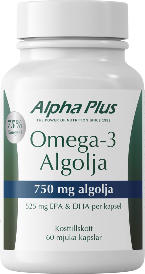 Vita Omega-3-tillskottflaska med grönt, blått och svart etikett som visar produktens namn och detaljer.