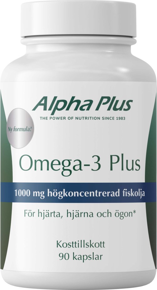 A white bottle labeled 'Alpha Plus Omega-3 Plus' with green and blue accents, containing 90 capsules for heart and eye health.