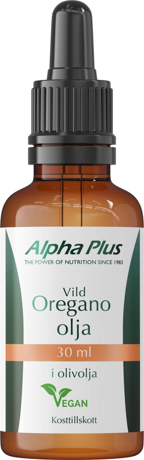 En liten brun glasflaska med svart pipettlock som innehåller oreganoolja, märkt som vegansk och 30 ml stor.