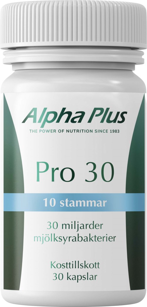 En vit flaska märkt Alpha Plus Pro 30 med 10 miljarder probiotiska bakteriekapslar för hälsa.
