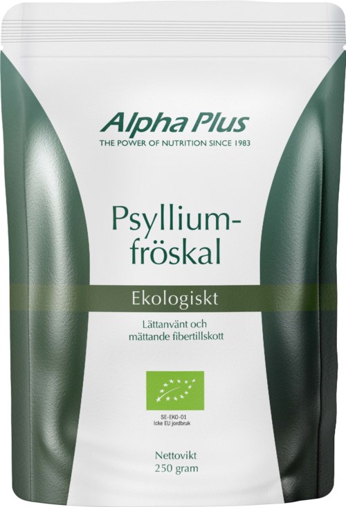 Green and white pouch labeled 'Psyllium fiber,' eco-friendly, 250 grams, organic, kitchen product.