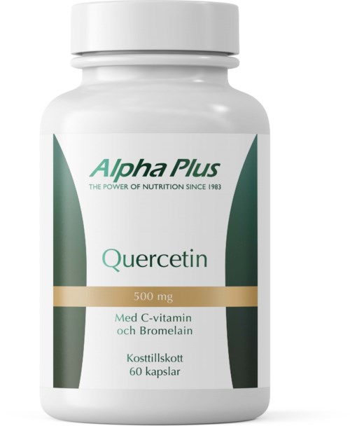 En vit kosttillskottsflaska märkt 'Quercetin 500 mg, med C-vitamin och bromelain, 60 kapslar.'