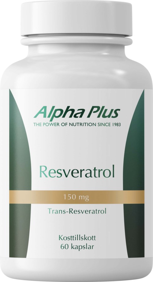 A white bottle labeled Alpha Plus Resveratrol with 60 capsules and 150 mg per capsule.