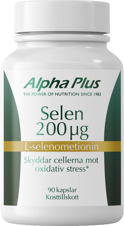 En tilskuddsflaske merket Alpha Plus Selen 200 µg, med hvit hette, grønn og hvit etikett, og tekst om å beskytte celler.