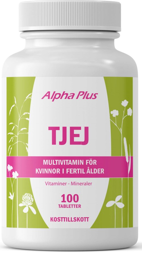 Flaska med multivitaminer för kvinnor i fertil ålder, med 100 tabletter, av Alpha Plus, TJE.