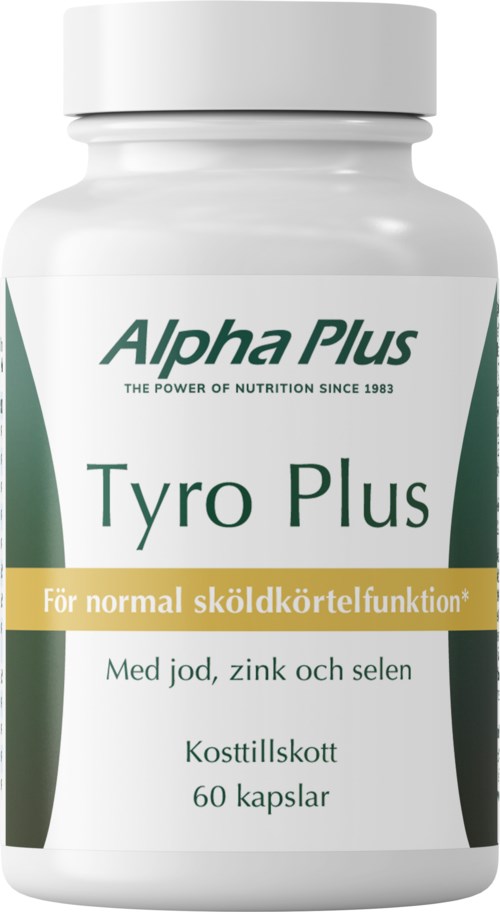 Bottle of Tyro Plus supplement for thyroid health with iodine, zinc, and selenium. Contains 60 capsules.