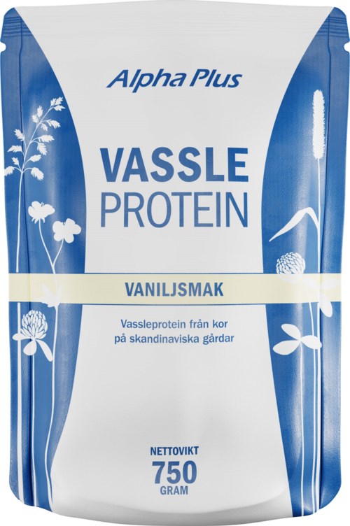 Eine blaue und weiße Verpackung mit Pflanzen- und Landschaftsdesigns. Es erwähnt Vanillegeschmack und 750 Gramm.