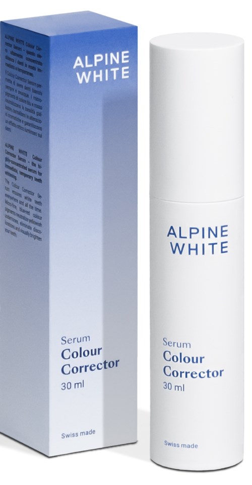 Biała butelka i niebieskie opakowanie z napisem "Alpine White" do korekty koloru serum, 30 ml, wyprodukowano w Szwajcarii.