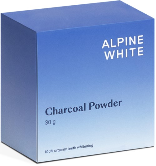 Niebieskie pudełko z białym tekstem 'ALPINE WHITE', 'Charcoal Powder' oraz szczegóły dotyczące wagi i wybielania.