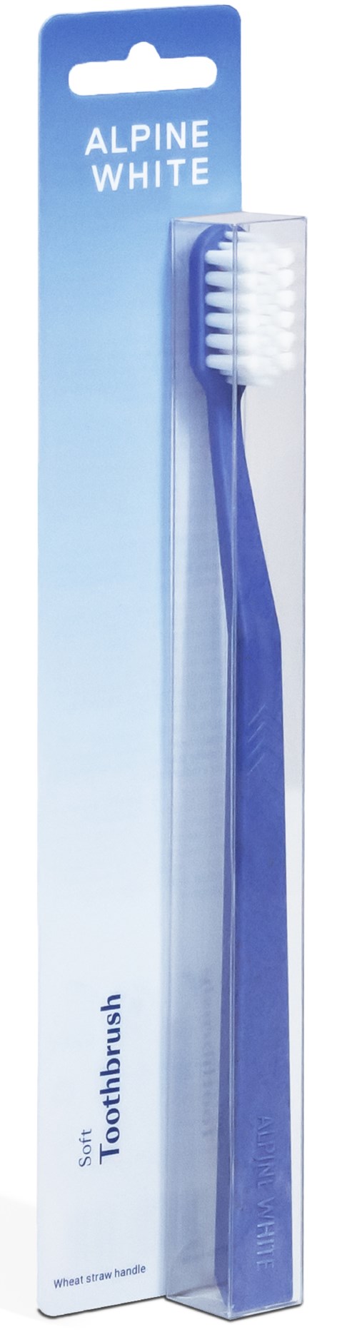 A toothbrush in blue color in a transparent box labeled 'ALPINE WHITE'.