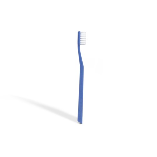 A blue toothbrush with white bristles stands alone on a white background.