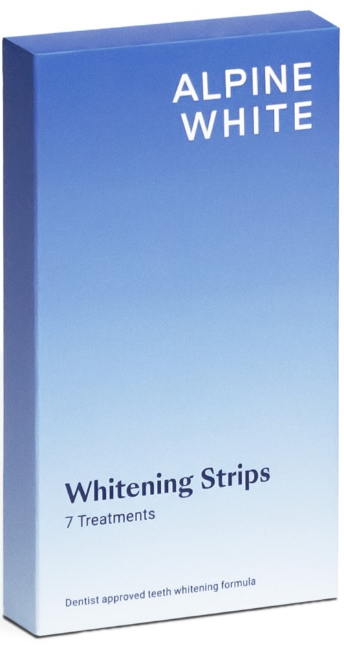Niebieskie opakowanie 'Alpine White Whitening Strips' zawierające 7 zabiegów, do wybielania zębów, zatwierdzone przez dentystów.