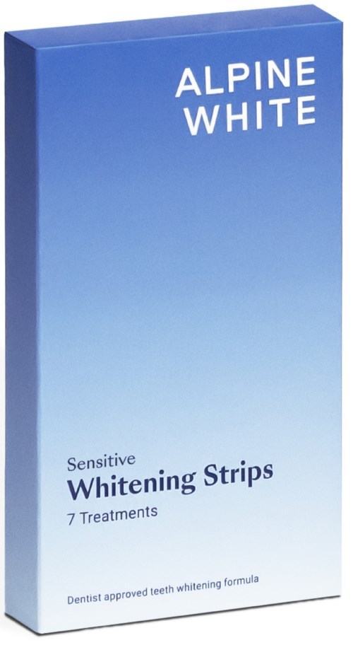Niebieskie opakowanie Alpine White Sensitive Whitening Strips z 7 zabiegami, zatwierdzone do wybielania zębów.