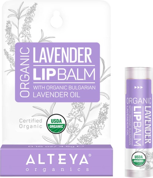 Leima ekololiselle laventelikuorussa, jossa laventeliöljy, USDA-organic-sertifikaatti ja yksinkertainen lavendelikasvio.