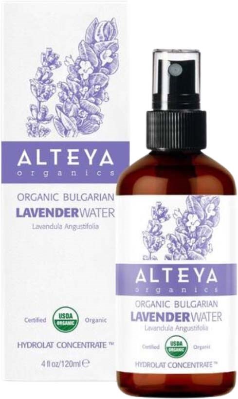 Lavender-veden pullo ja laatikko, jossa on violette lavendelin kuva ja merkkimerkki, USDA-sertifioitu orgaaninen.