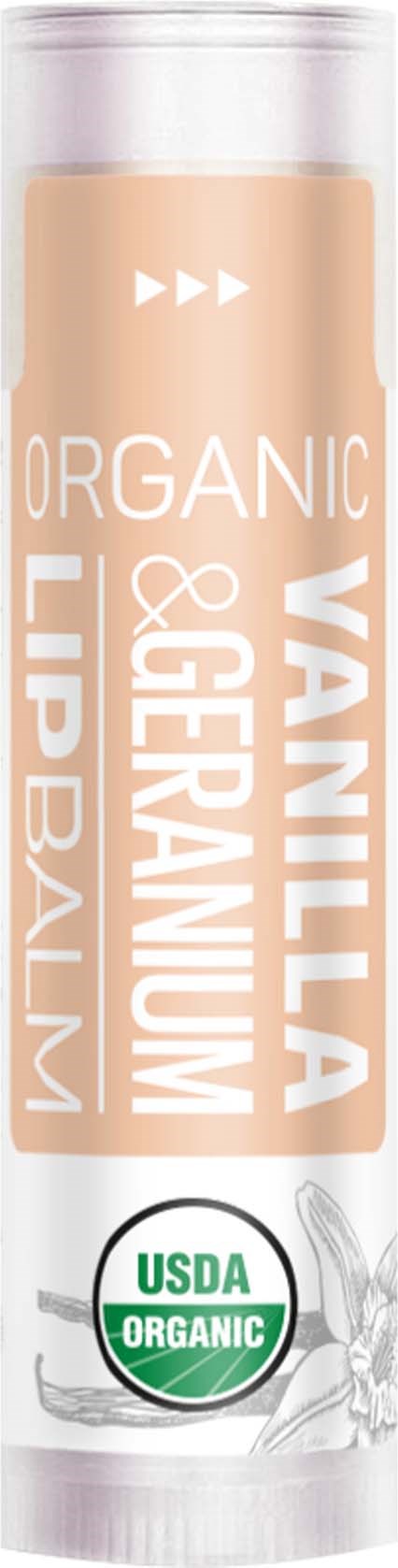 Huulivoideputki merkitty 'Vanilla & Geranium' USDA-organic-tunnuksella ja yksinkertaisella muotoilulla.