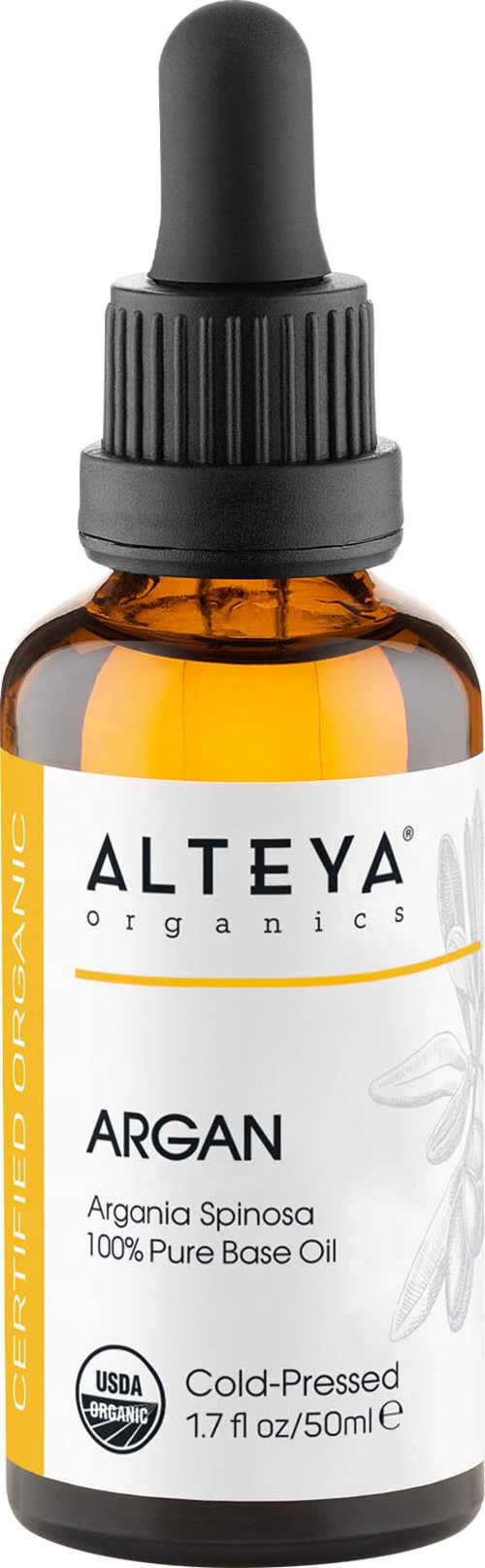 Pieni meripihkan väriinen pullo mustalla tipparuiskalla, etiketti 'ALTEYA ORGANICS ARGAN,' tarkoittaen puhdasta arganöljyä.