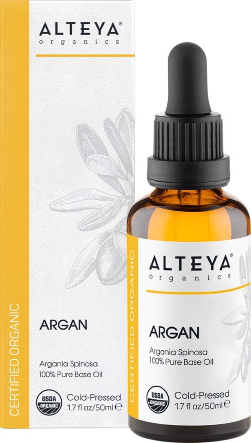 Pieni meripihkanvärinen pullo mustalla tiputusläpällä ja valkoinen etiketti, jossa lukee Alteya Organics ja arganöljy.