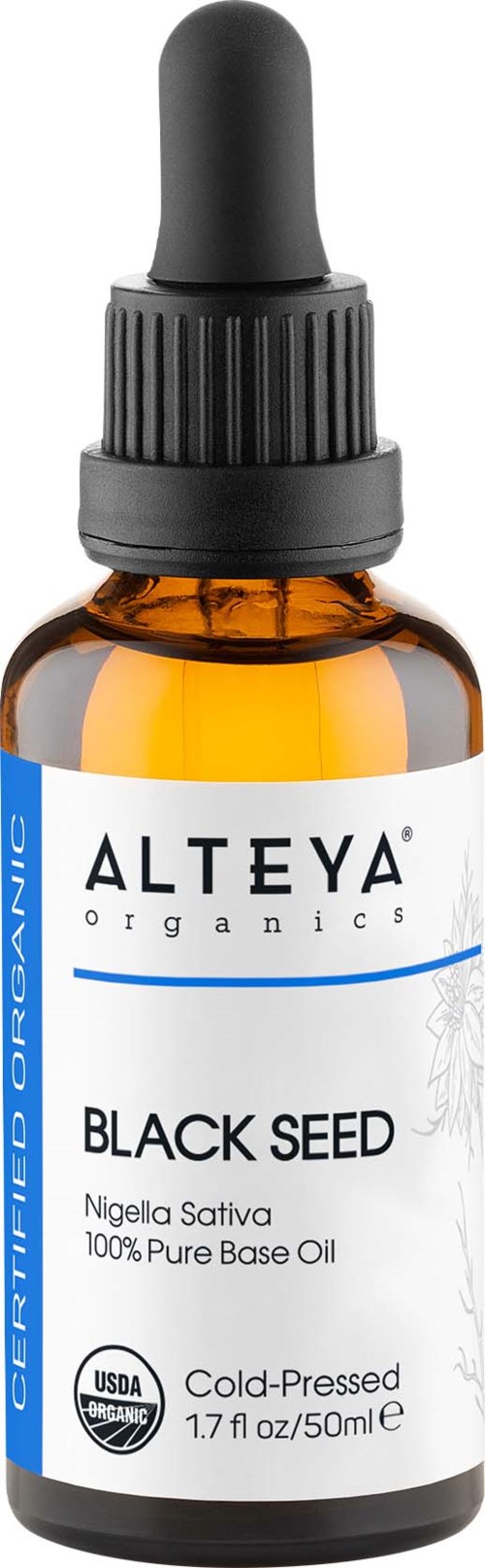 Pieni ruskea pullo tiputtaimella, etiketti ALTEYA ORGANICS Black Seed öljy, USDA-sertifioitu, kylmänpuristettu.