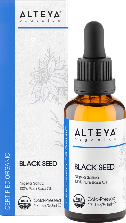 Vihreä lasipullo mustalla tiputusapilla ja valkoinen laatikko, nimellä 'Alyea Organics Black Seed.'