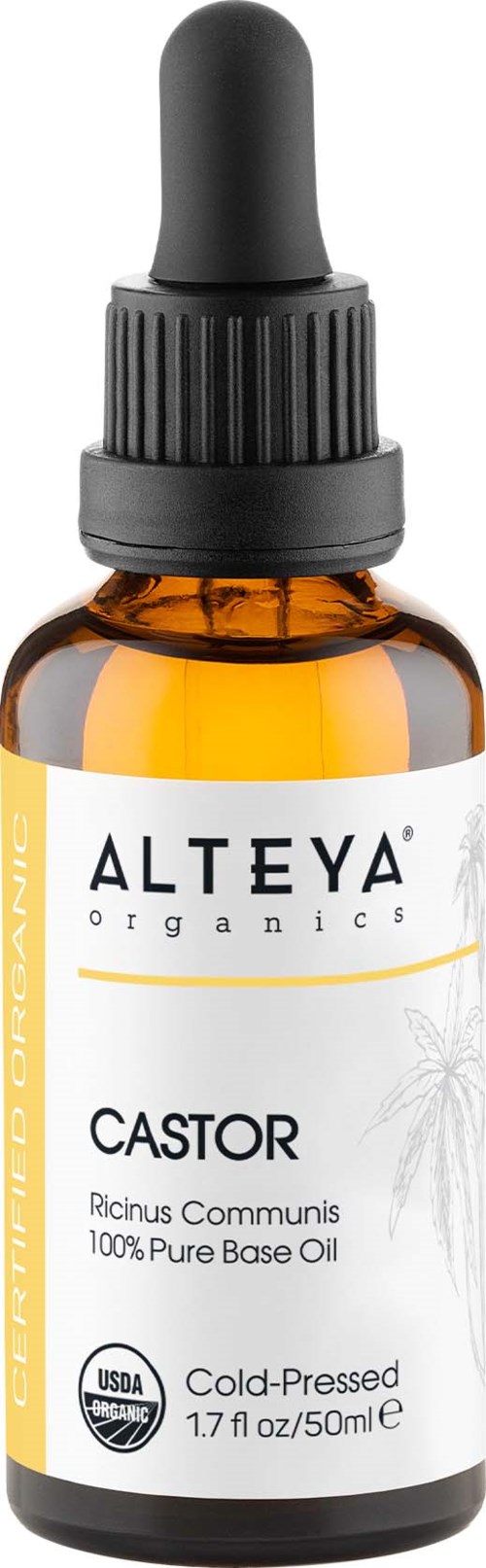 Pieni ruskea pullo ja musta tiputusruisku, etiketti 'Alteya Castor oil,' ja siinä lukee, että se on puhdasta ja kylmäpuristettua.