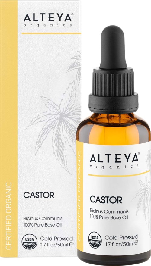 O-kotelo tummakaupalla, tiputusapilla ja valkoinen etiketti. Etiketissä lukee 'ALTEYA ORGANICS' ja 'CASTOR oil'.