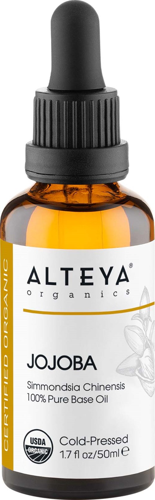 Pieni kellertävä pullo tiputuspipetillä, merkintä 'ALTEYA ORGANICS JOJOBA.' Sisältää 100% puhdasta jojobaöljyä Kiinasta.