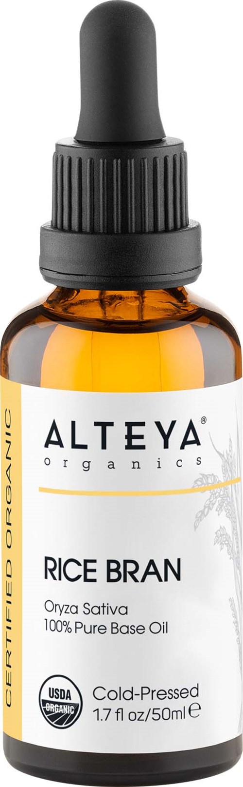 Pieni ruusukultainen lasipullo mustalla tipparuiskalla, etiketti "Alteya Organics Rice Bran oil, 50 ml."