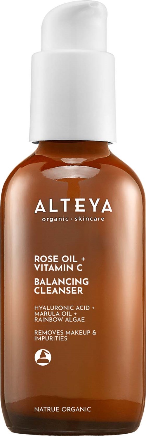 A brown bottle of Alteya balancing cleanser with rose oil, vitamin C, and a white pump cap.