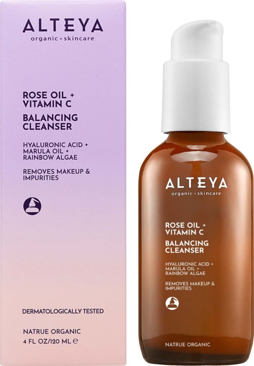 Bottled cleanser with rose oil, vitamin C, hyaluronic acid, and marula oil for balancing skin. Designed to remove makeup and impurities.