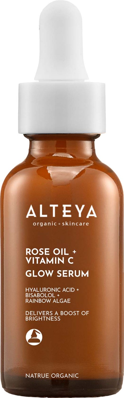 A brown bottle with a white dropper cap, labeled 'Alteya' for rose oil and vitamin C serum.
