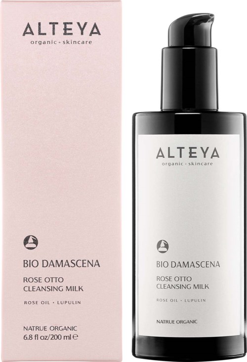 IHonotuotteessa on vaaleanpunainen laatikko ja mustavalkoinen pullo, jossa lukee 'ALTEYA Bio Damascena Cleansing Milk'.