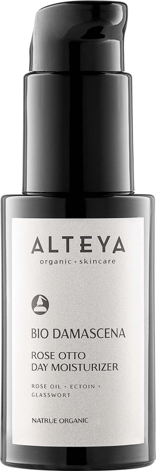 Musta ja valkoinen pumppupullo, merkintä 'ALTEYA BIO DAMASCENA Rose Otto Day Moisturizer'.