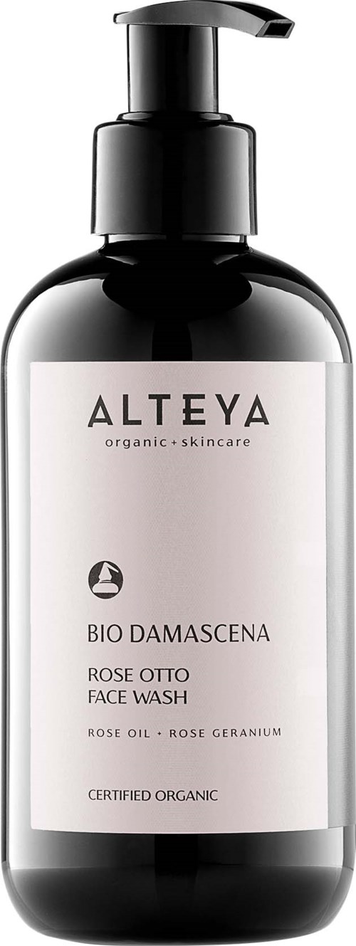 Musta ja valkoinen pullo pumpulla, merkki Alteya Bio Damascena ruusu kasvosuihke, sisältää ruusuöljyä ja geraniumia.