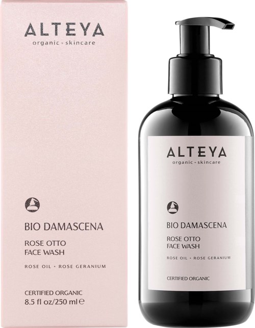 Mustapohjainen pumppupullo ja vaaleanpunainen laatikko. Molemmissa lukee 'ALTEYA organic skincare' ja 'Bio Damascena face wash.'