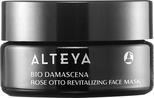 Musta purkki hopeisella kannella, jossa lukee Alteya Rose Otto Revitalizing Face Mask, valkoisella tekstillä ja pienellä logolla.
