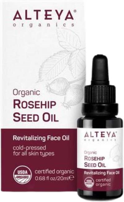 Laatikko ja pieni pullo Alteya Organicsin Organic ruusunmarjansiementuoka, lehdet ja teksti etiketissä.