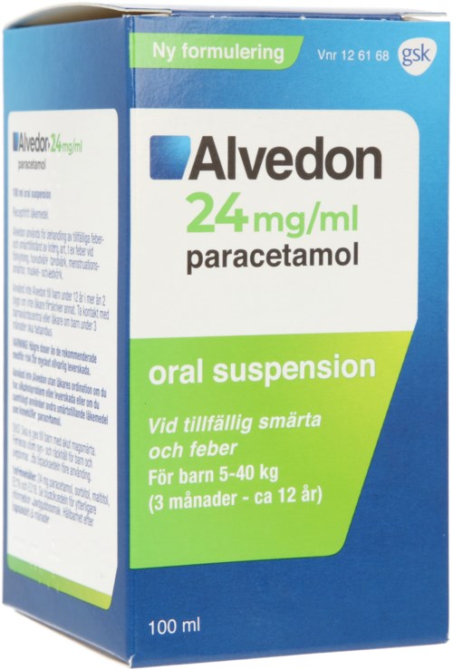 En förpackning av Alvedon 24 mg/ml paracetamol oral suspension för barn med smärta och feber. Passar för barn 3 månader till 12 år.