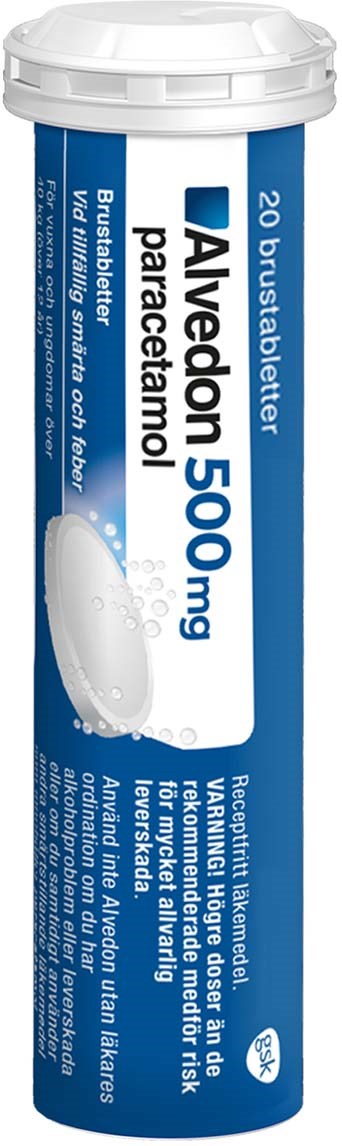 Ett blått och vitt medicinrör märkt med Aviedon 500 mg, innehåller 20 tabletter för behandling av knän, höfter och leder.