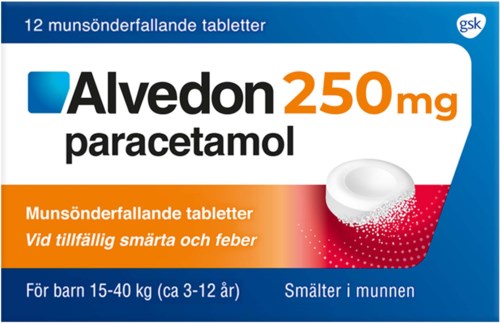 En förpackning Alvedon-tabletter för att lindra smärta och feber hos barn som väger 15-40 kg, med 12 tabletter, 250 mg dos.
