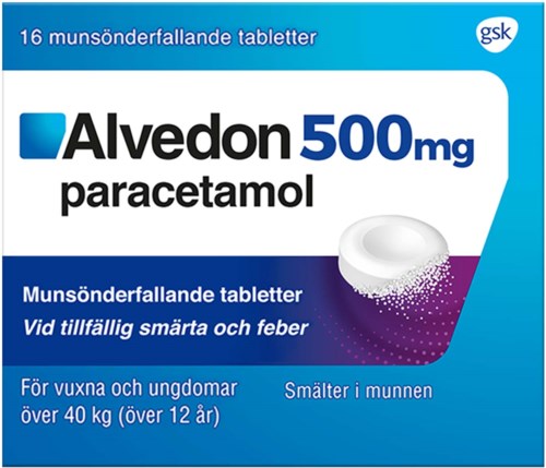 En ask med Alvedon 500 mg paracetamol tabletter för vuxna och barn över 12 år, lindring för tillfällig smärta och feber.