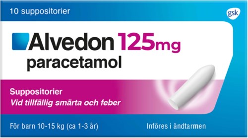 Läkemedelslåda för barn, innehåller 10 suppositioner, mot smärta och feber, för barn 1-3 år.