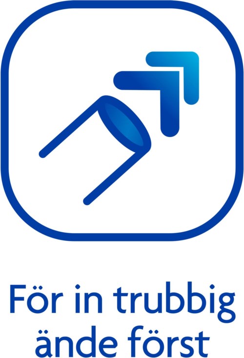 En logo med en stiliserad pil och svensk text som betyder "För en ojämn början först."
