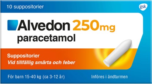 En medicinlåda märkt Alvedon 250 mg, mot smärta och feber, för barn 15-40 kg, med en bild av tablett.